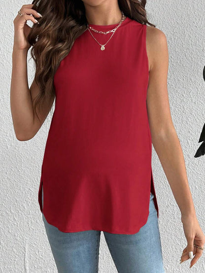 Dusty Pink Maternity Tank Top - Sleeveless Round Neck High Stretch Knitted Summer Top for Casual Travel