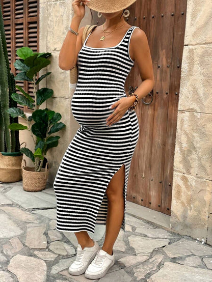 Lyckli Women's Casual Spaghetti Strap Maternity Midi Dress