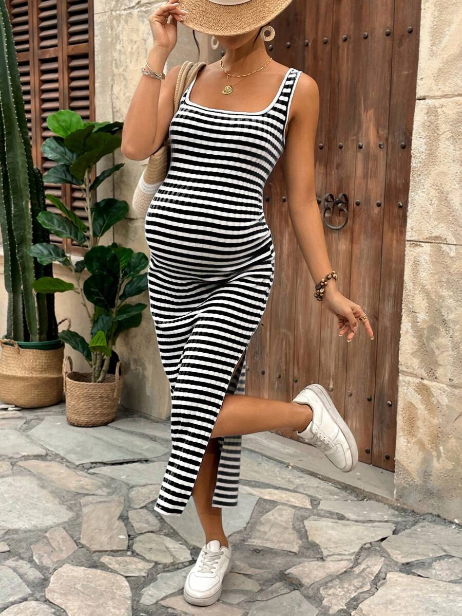 Lyckli Women's Casual Spaghetti Strap Maternity Midi Dress