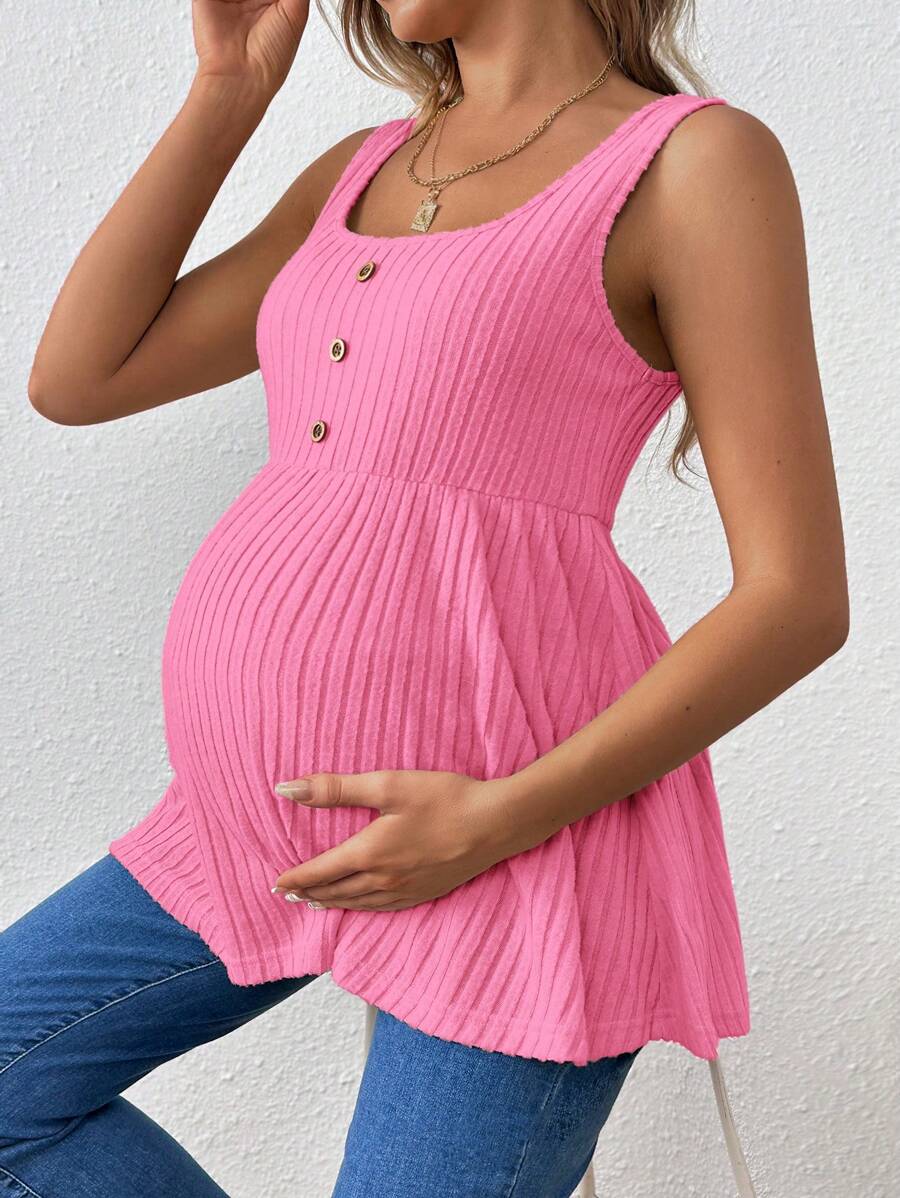 Hot Pink Scoop Neck Long Maternity Camisole - Button Detail Flared Hem Tank Top - Casual Slim Fit Streetwear Maternity Cami