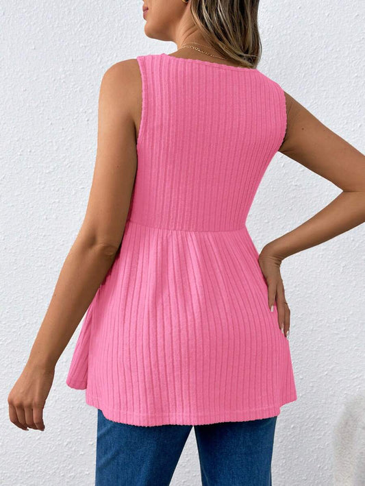 Hot Pink Scoop Neck Long Maternity Camisole - Button Detail Flared Hem Tank Top - Casual Slim Fit Streetwear Maternity Cami