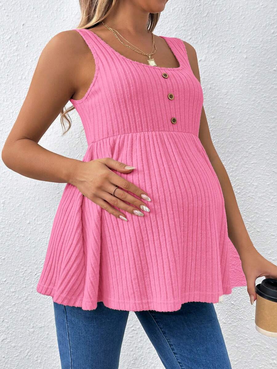 Hot Pink Scoop Neck Long Maternity Camisole - Button Detail Flared Hem Tank Top - Casual Slim Fit Streetwear Maternity Cami