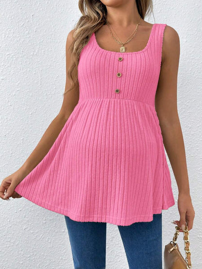 Hot Pink Scoop Neck Long Maternity Camisole - Button Detail Flared Hem Tank Top - Casual Slim Fit Streetwear Maternity Cami