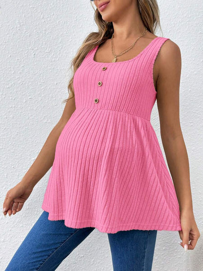Hot Pink Scoop Neck Long Maternity Camisole - Button Detail Flared Hem Tank Top - Casual Slim Fit Streetwear Maternity Cami
