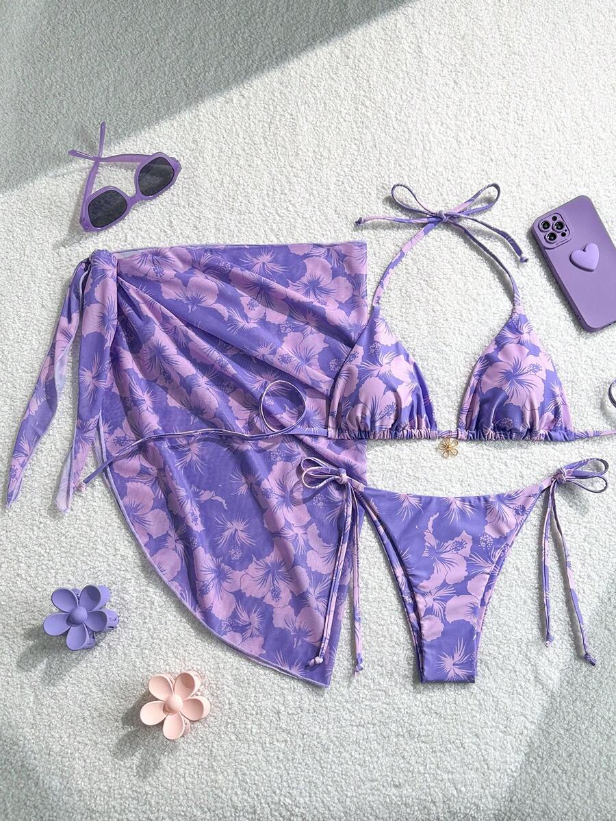 Women's 3-Piece Halter Bikini Set - Beach Dress, Tie-Up, Skirt Bottom, Blue