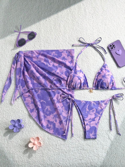 Women's 3-Piece Halter Bikini Set - Beach Dress, Tie-Up, Skirt Bottom, Blue