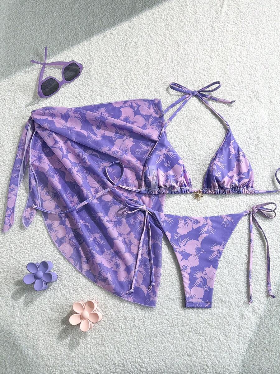 Women's 3-Piece Halter Bikini Set - Beach Dress, Tie-Up, Skirt Bottom, Blue