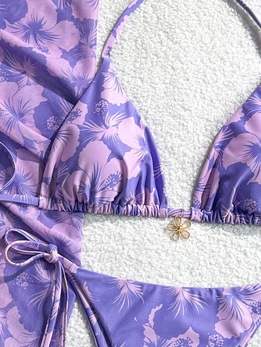 Women's 3-Piece Halter Bikini Set - Beach Dress, Tie-Up, Skirt Bottom, Blue