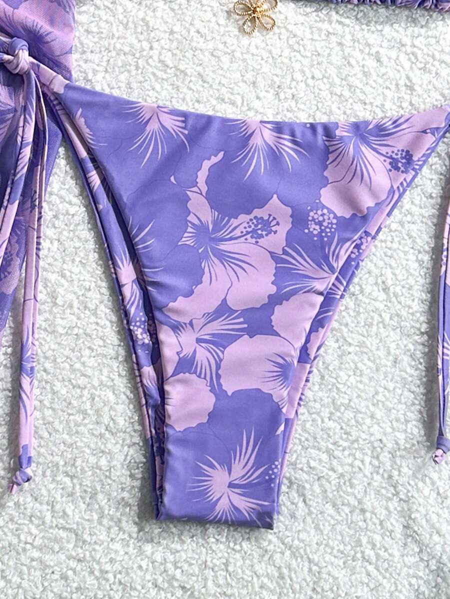 Women's 3-Piece Halter Bikini Set - Beach Dress, Tie-Up, Skirt Bottom, Blue