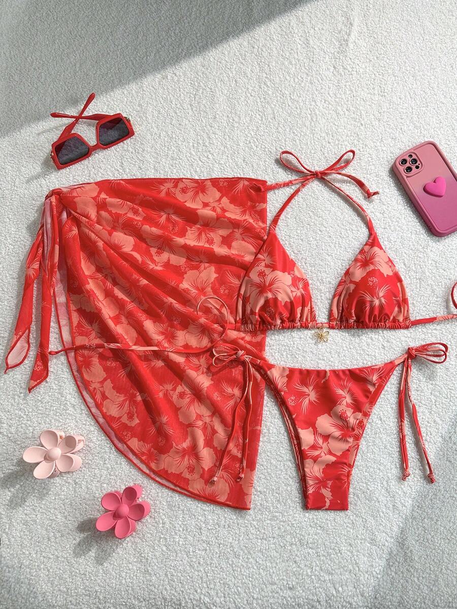 Women's 3-Piece Halter Bikini Set - Beach Dress, Tie-Up, Skirt Bottom, Blue