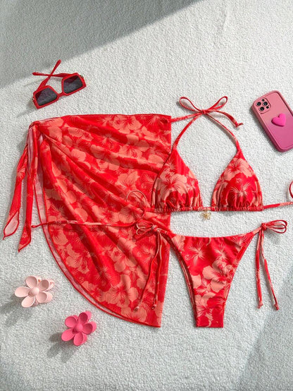 Women's 3-Piece Halter Bikini Set - Beach Dress, Tie-Up, Skirt Bottom, Blue