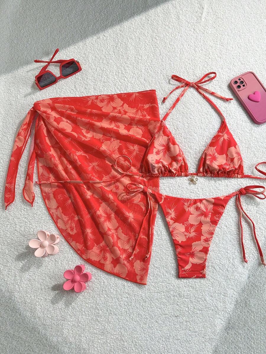 Women's 3-Piece Halter Bikini Set - Beach Dress, Tie-Up, Skirt Bottom, Blue