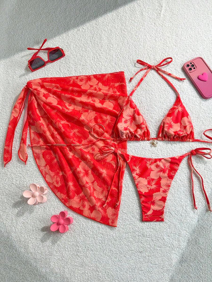 Women's 3-Piece Halter Bikini Set - Beach Dress, Tie-Up, Skirt Bottom, Blue