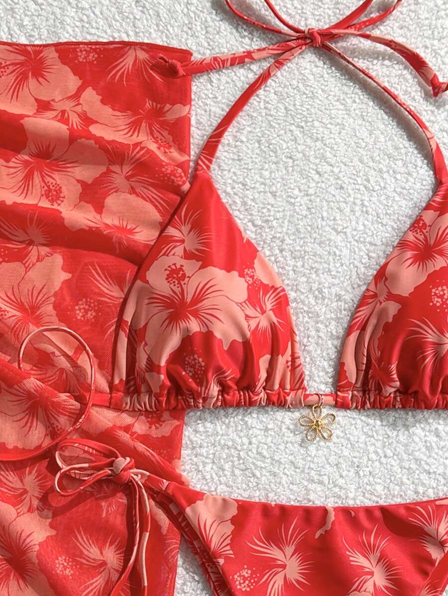 Women's 3-Piece Halter Bikini Set - Beach Dress, Tie-Up, Skirt Bottom, Blue