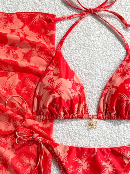 Women's 3-Piece Halter Bikini Set - Beach Dress, Tie-Up, Skirt Bottom, Blue