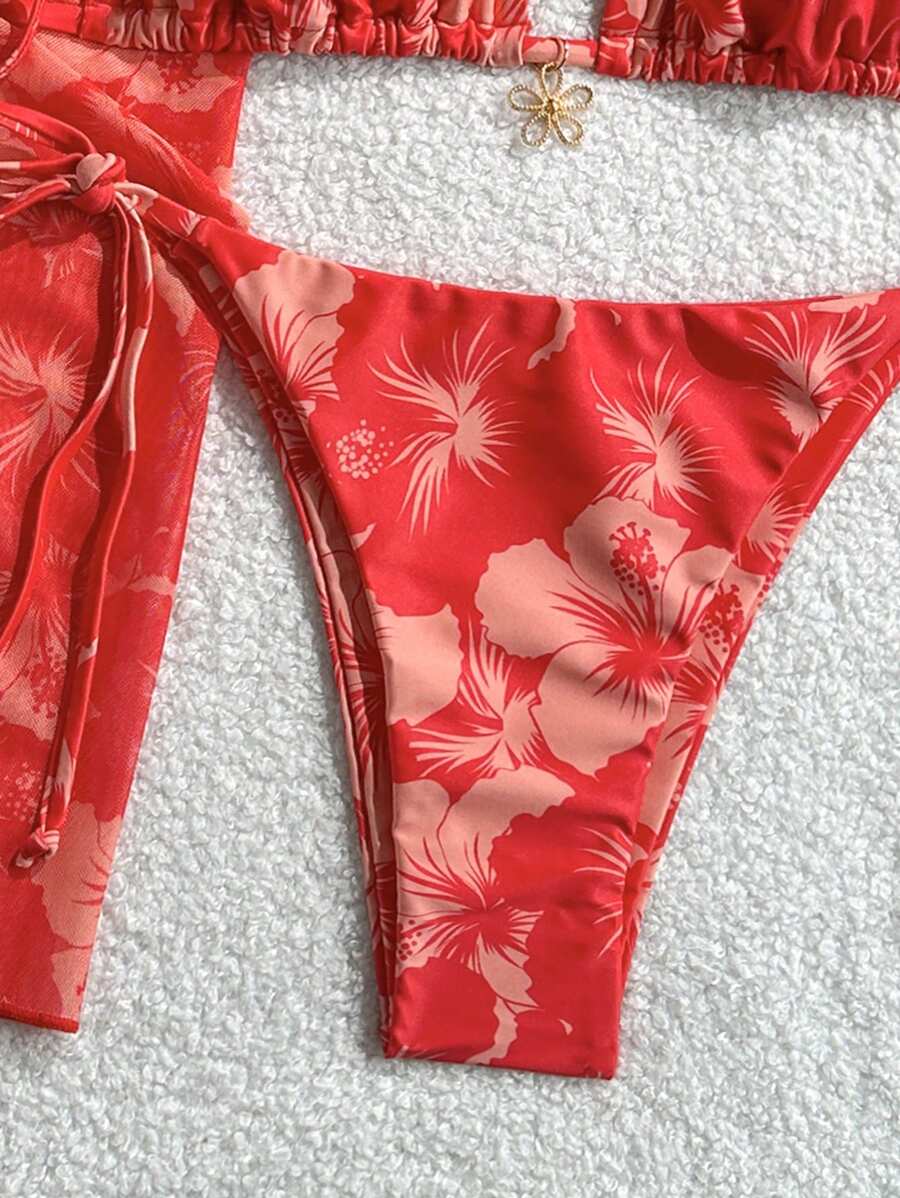 Women's 3-Piece Halter Bikini Set - Beach Dress, Tie-Up, Skirt Bottom, Blue