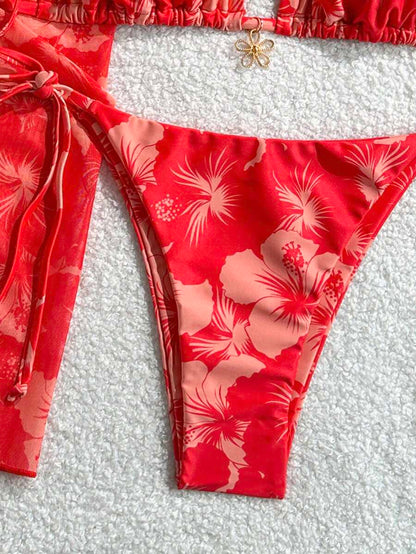 Women's 3-Piece Halter Bikini Set - Beach Dress, Tie-Up, Skirt Bottom, Blue