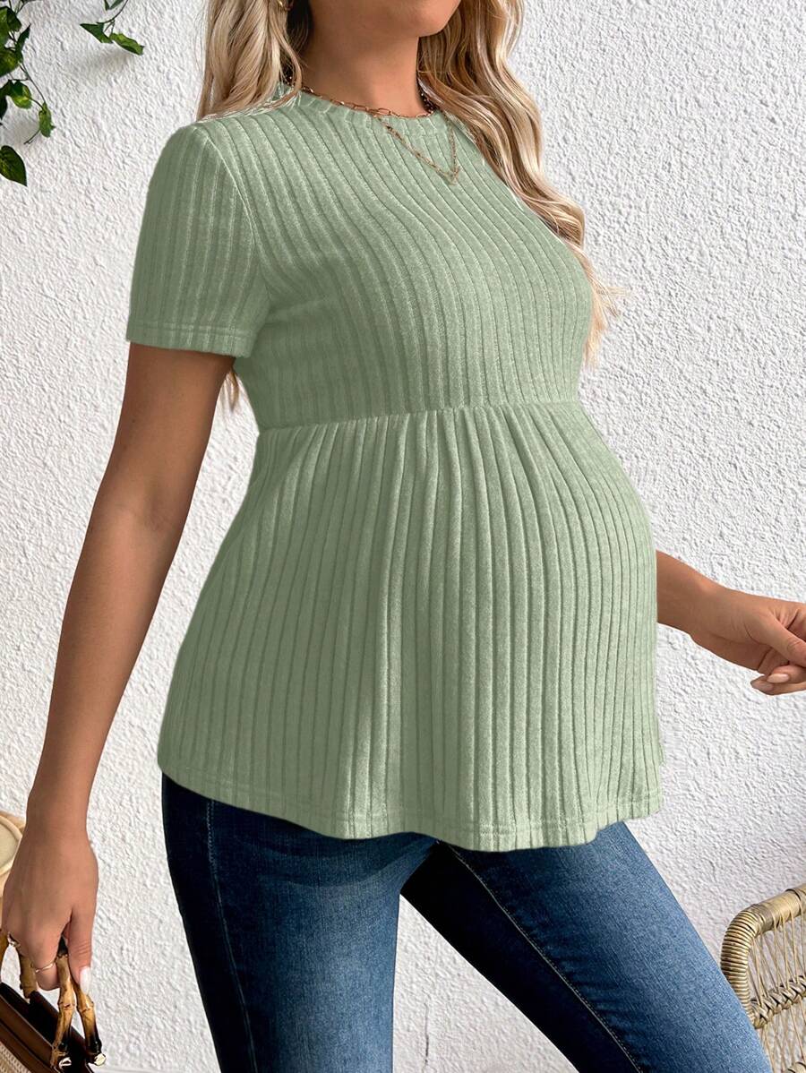Maternity Apricot Short Sleeve Ruffle Hem Long Tunic Top - Slim Fit Ribbed Knit Casual Round Neck Flared Maternity Shirt