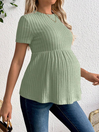 Maternity Apricot Short Sleeve Ruffle Hem Long Tunic Top - Slim Fit Ribbed Knit Casual Round Neck Flared Maternity Shirt