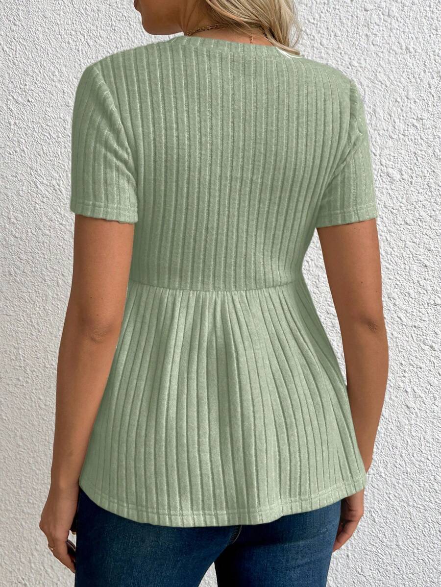 Maternity Apricot Short Sleeve Ruffle Hem Long Tunic Top - Slim Fit Ribbed Knit Casual Round Neck Flared Maternity Shirt