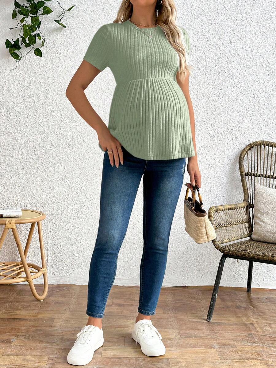 Maternity Apricot Short Sleeve Ruffle Hem Long Tunic Top - Slim Fit Ribbed Knit Casual Round Neck Flared Maternity Shirt