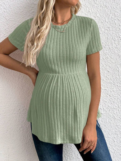 Maternity Apricot Short Sleeve Ruffle Hem Long Tunic Top - Slim Fit Ribbed Knit Casual Round Neck Flared Maternity Shirt