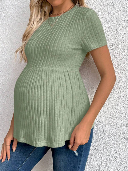 Maternity Apricot Short Sleeve Ruffle Hem Long Tunic Top - Slim Fit Ribbed Knit Casual Round Neck Flared Maternity Shirt