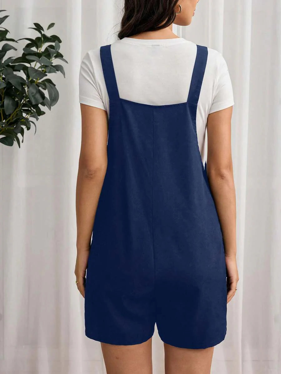 Navy Blue Maternity Button Pocket Casual Bib Romper - Sleeveless Bermuda Length Woven Overall Jumpsuit for Street Style