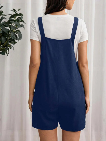 Navy Blue Maternity Button Pocket Casual Bib Romper - Sleeveless Bermuda Length Woven Overall Jumpsuit for Street Style