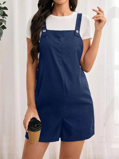Navy Blue Maternity Button Pocket Casual Bib Romper - Sleeveless Bermuda Length Woven Overall Jumpsuit for Street Style