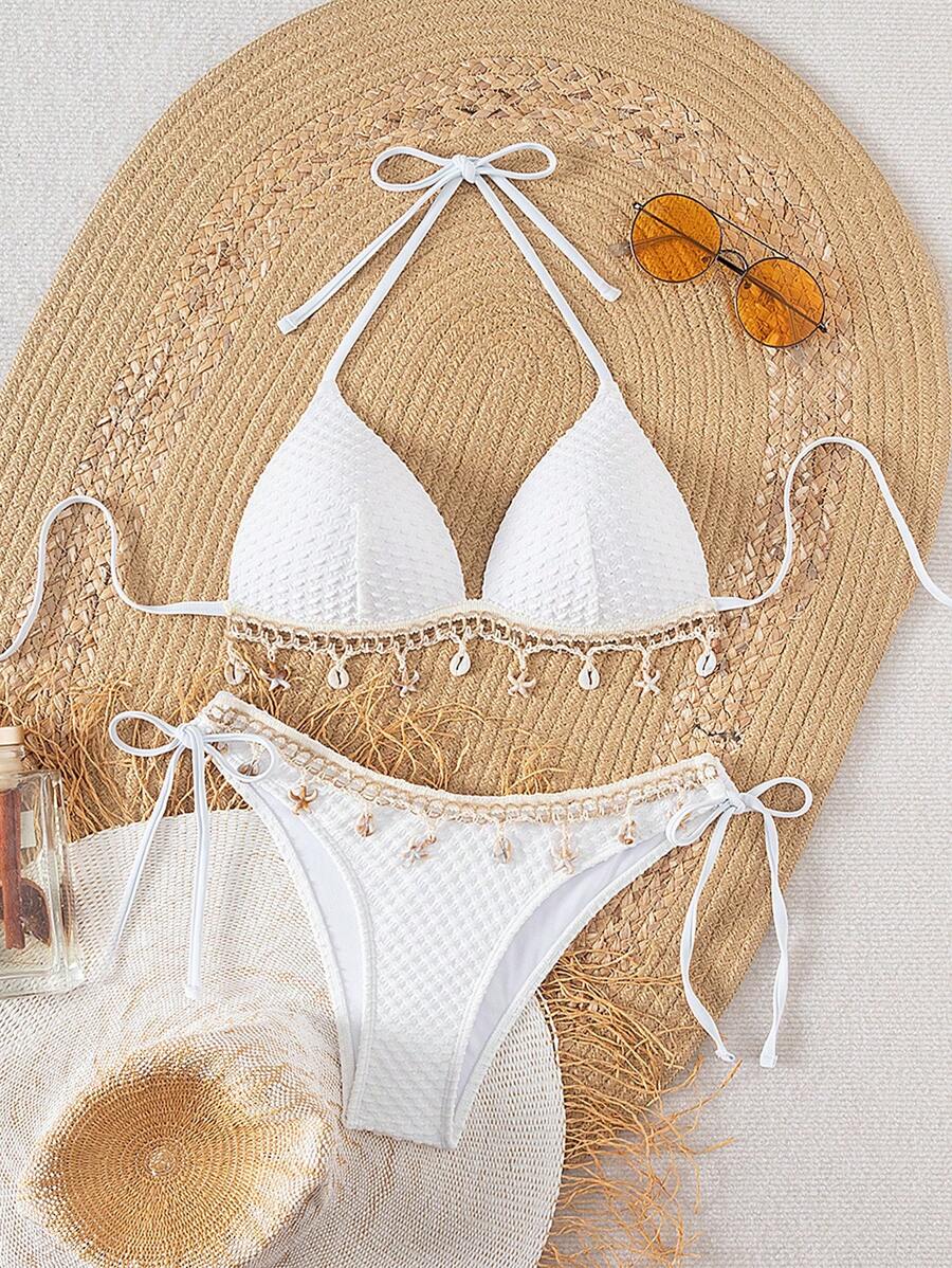 Women's 2-Piece Boho Halter Bikini Set - Shell Strap, Tie Side, Push Up, Pink