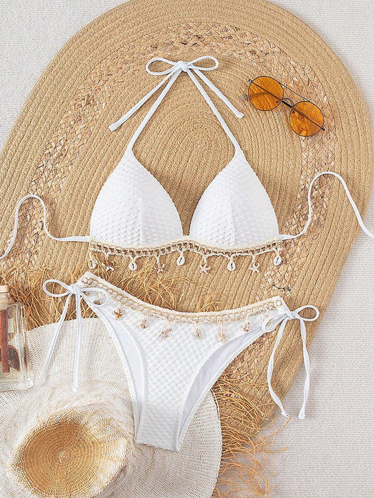 Swim Vcay Springbreak Solid Textured Fabric Shell Lanyard Decoration Halter Bikini Top & Tie-Up Triangle Bottoms, Summer Beach Party Women Bikini Set