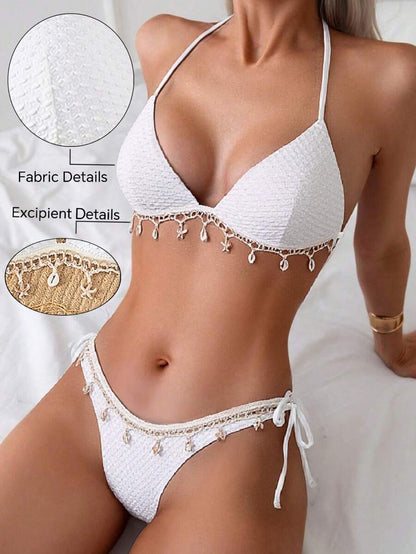Swim Vcay Springbreak Solid Textured Fabric Shell Lanyard Decoration Halter Bikini Top & Tie-Up Triangle Bottoms, Summer Beach Party Women Bikini Set