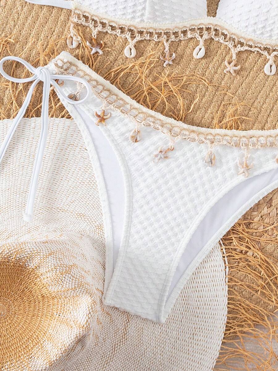 Swim Vcay Springbreak Solid Textured Fabric Shell Lanyard Decoration Halter Bikini Top & Tie-Up Triangle Bottoms, Summer Beach Party Women Bikini Set