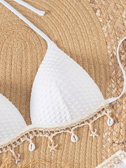 Women's 2-Piece Boho Halter Bikini Set - Shell Strap, Tie Side, Push Up, Pink