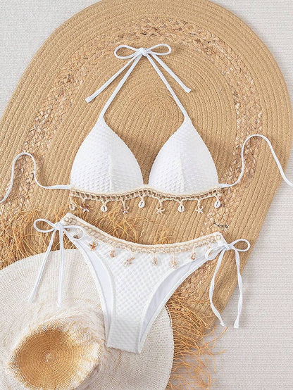 Women's 2-Piece Boho Halter Bikini Set - Shell Strap, Tie Side, Push Up, Pink