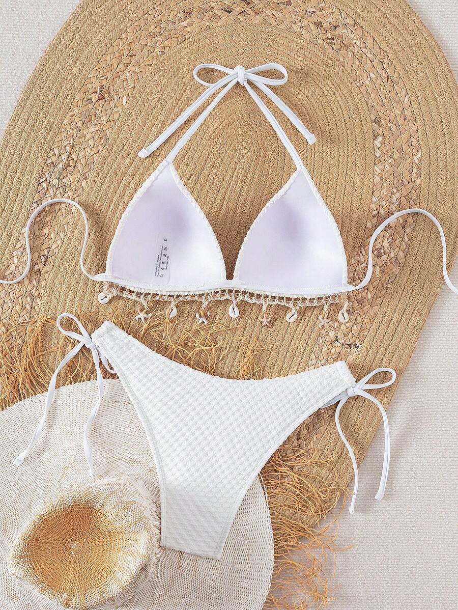 Swim Vcay Springbreak Solid Textured Fabric Shell Lanyard Decoration Halter Bikini Top & Tie-Up Triangle Bottoms, Summer Beach Party Women Bikini Set