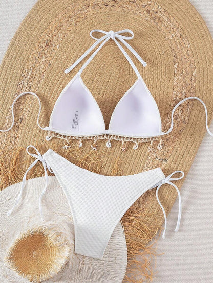 Swim Vcay Springbreak Solid Textured Fabric Shell Lanyard Decoration Halter Bikini Top & Tie-Up Triangle Bottoms, Summer Beach Party Women Bikini Set