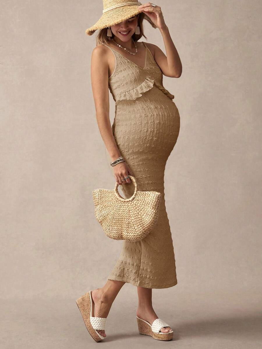 Khaki Striped Ruffled Slit Maternity Dress, Stylish For Dates, Maternity Wear, Maternity Dresses, Maternity-Friendly Clothing, Summer Maternity Wear, Best Maternity Wear, Beach Vacation, Summer Leisure Vacation.