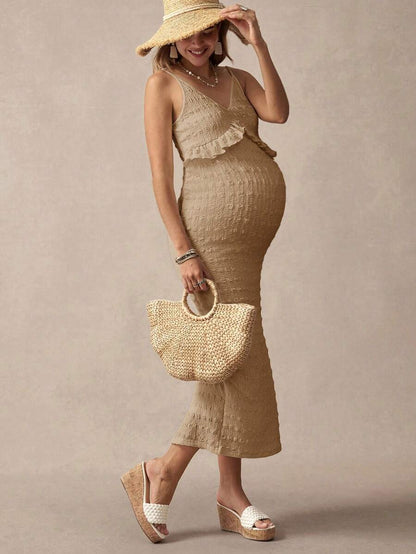 Khaki Striped Ruffled Slit Maternity Dress, Stylish For Dates, Maternity Wear, Maternity Dresses, Maternity-Friendly Clothing, Summer Maternity Wear, Best Maternity Wear, Beach Vacation, Summer Leisure Vacation.