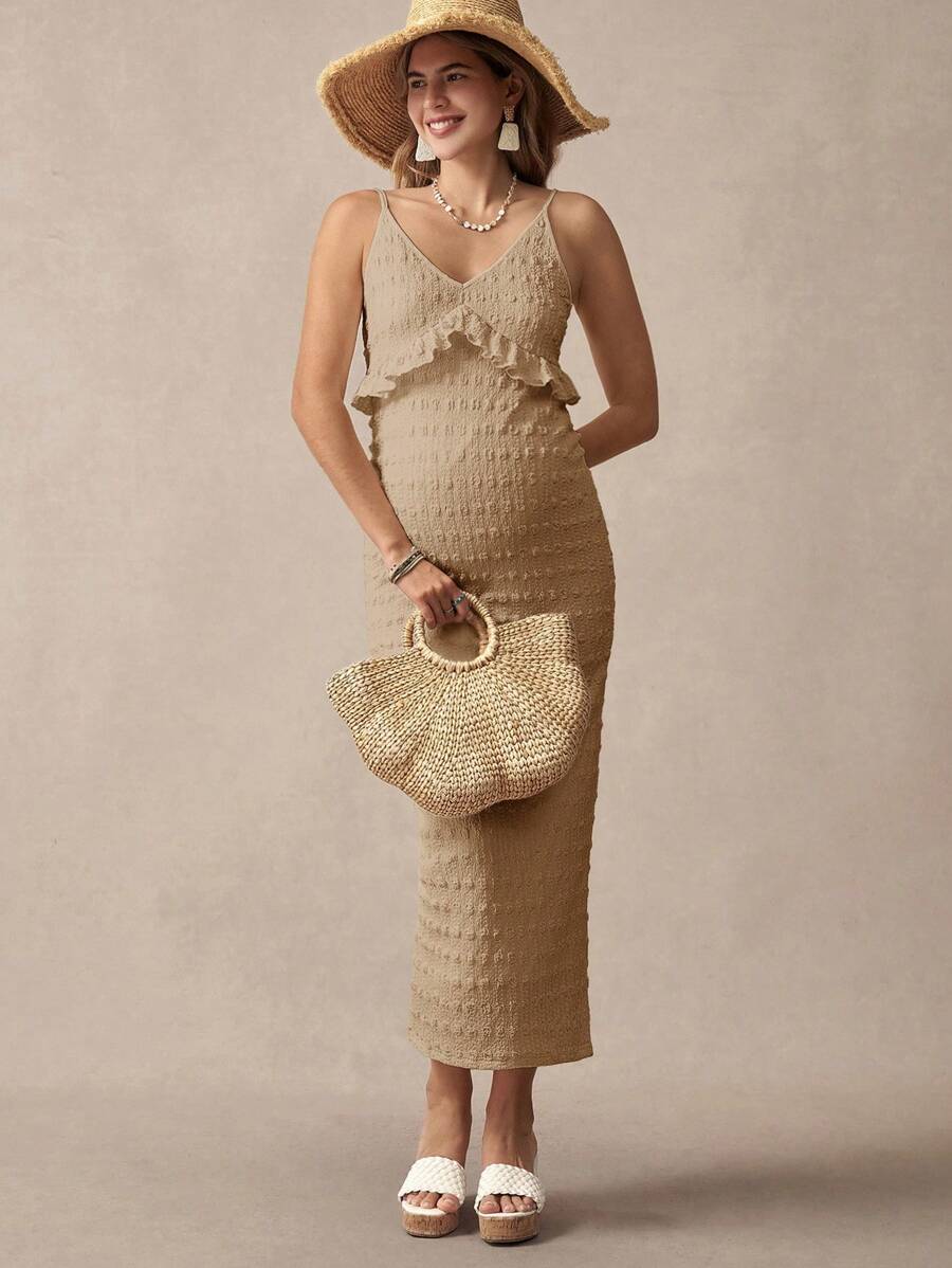 Khaki Striped Ruffled Slit Maternity Dress, Stylish For Dates, Maternity Wear, Maternity Dresses, Maternity-Friendly Clothing, Summer Maternity Wear, Best Maternity Wear, Beach Vacation, Summer Leisure Vacation.