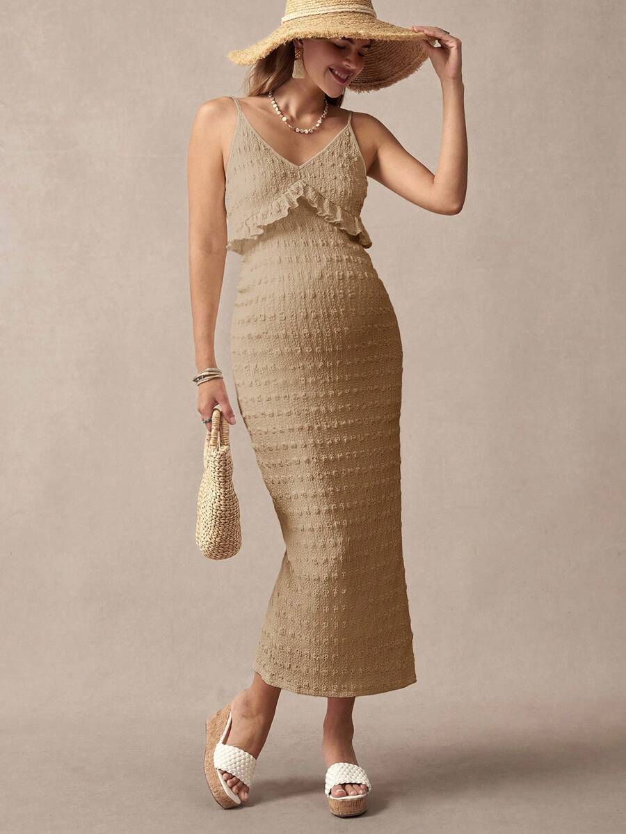 Khaki Striped Ruffled Slit Maternity Dress, Stylish For Dates, Maternity Wear, Maternity Dresses, Maternity-Friendly Clothing, Summer Maternity Wear, Best Maternity Wear, Beach Vacation, Summer Leisure Vacation.