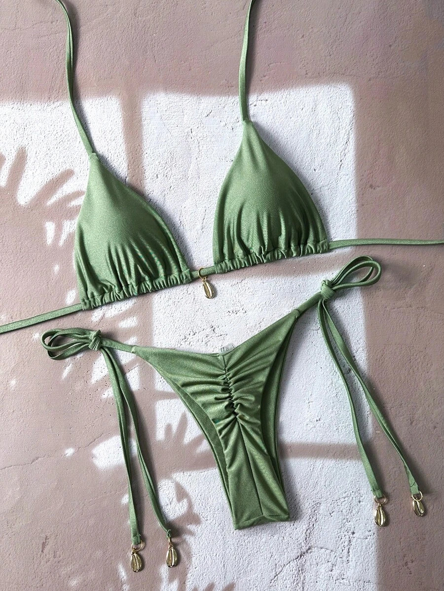 Swim Chiccia Women Spring Break Summer Beach Solid Color Halter Tie Sexy Bikini Swimsuit Set
