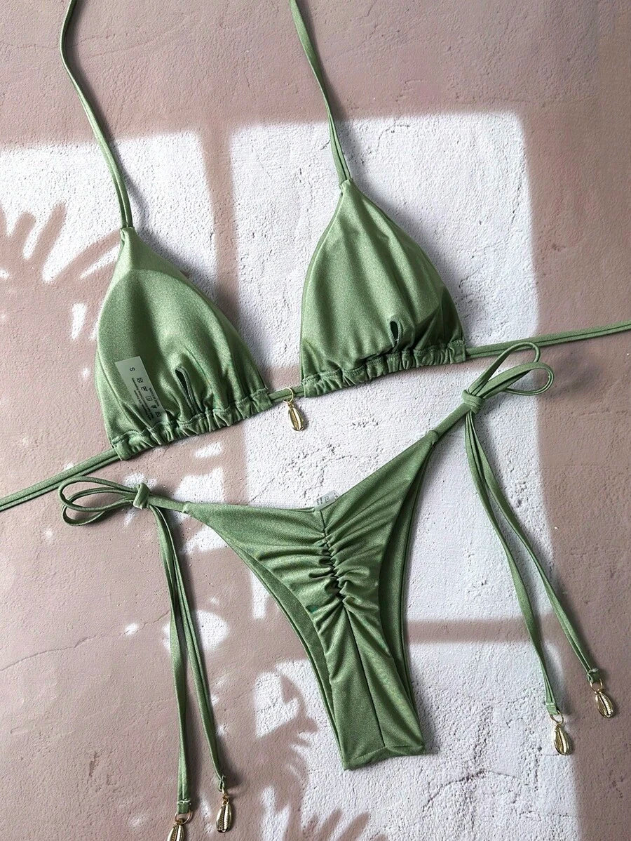 Swim Chiccia Women Spring Break Summer Beach Solid Color Halter Tie Sexy Bikini Swimsuit Set