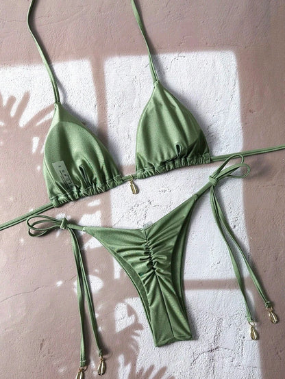 Swim Chiccia Women Spring Break Summer Beach Solid Color Halter Tie Sexy Bikini Swimsuit Set