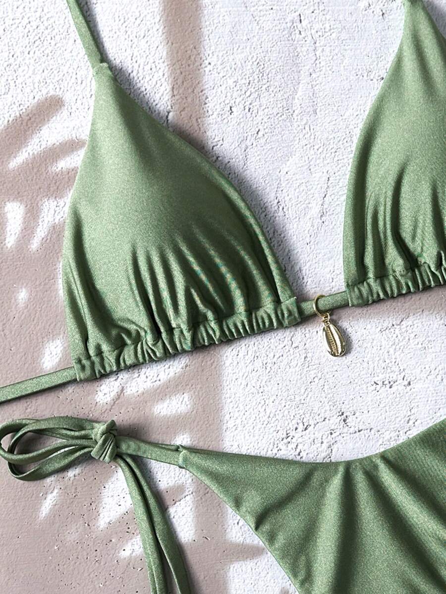 Swim Chiccia Women Spring Break Summer Beach Solid Color Halter Tie Sexy Bikini Swimsuit Set