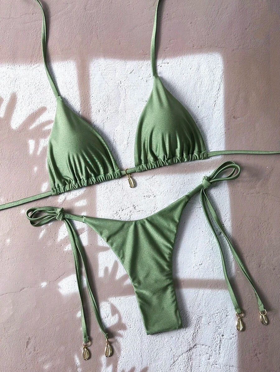 Swim Chiccia Women Spring Break Summer Beach Solid Color Halter Tie Sexy Bikini Swimsuit Set