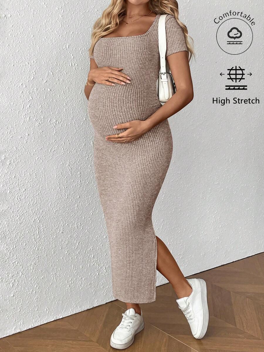 Maternity Square Neck Short Sleeve Midi Bodycon Dress with Side Slit - Sage Green Fitted Pregnancy Outfit - Soft Knit Maternity Wear