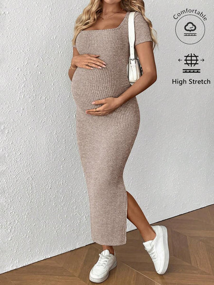 Maternity Square Neck Short Sleeve Midi Bodycon Dress with Side Slit - Sage Green Fitted Pregnancy Outfit - Soft Knit Maternity Wear