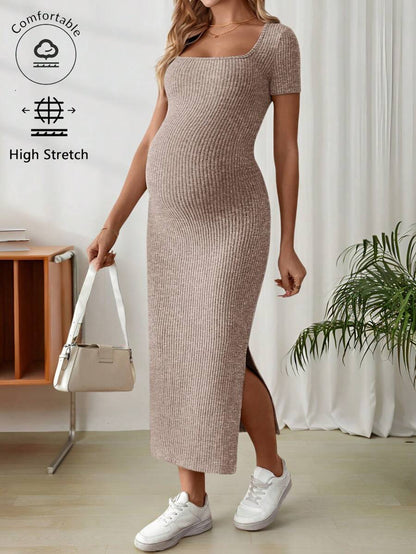 Maternity Square Neck Short Sleeve Midi Bodycon Dress with Side Slit - Sage Green Fitted Pregnancy Outfit - Soft Knit Maternity Wear